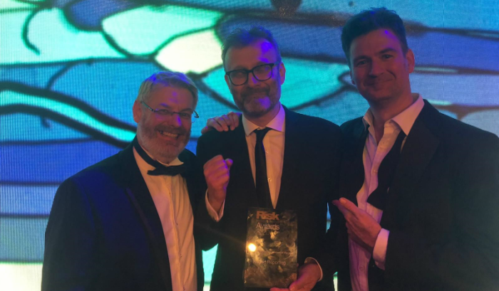 Kaizen Reporting founders Dario Crispini and Ian Rennie with Hugh Dennis at the Risk Markets Technology Awards