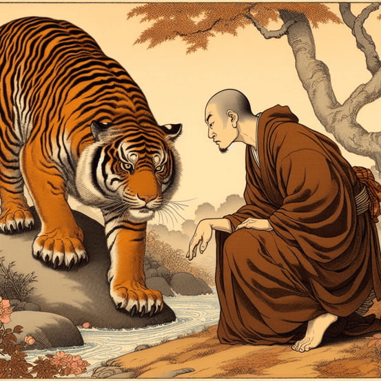 A monk crouching in front of and looking at a tiger