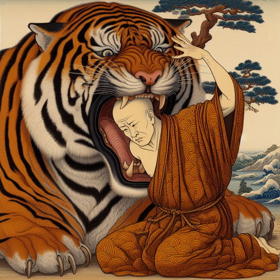 A monk carefully placing his head inside the gaping mouth of a very large fierce looking tiger